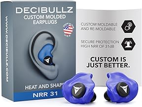 Decibullz | Bouchons d'oreilles moulés sur-mesure Bleu, Protections auditives confortables, Atténuation 31dB | Sommeil, Concert, Travail, Sport | 3 tailles, pochette de rangement | made in USA