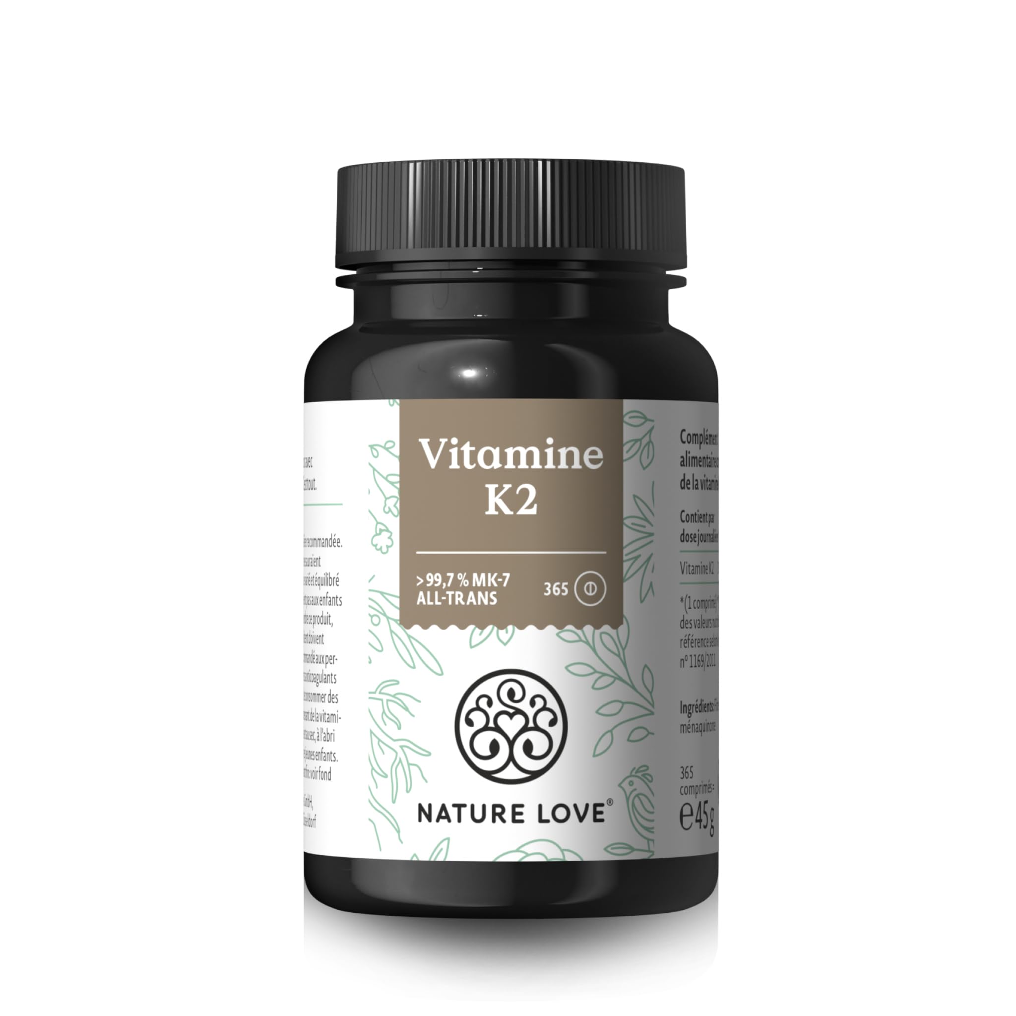 NATURE LOVE® Vitamine K2 MK7-365 comprimés - 100µg par comprimé - ménaquinone MK-7 à teneur all-trans > 99,7% - hautement dosé, végane, contrôlé en laboratoire et produit en Allemagne