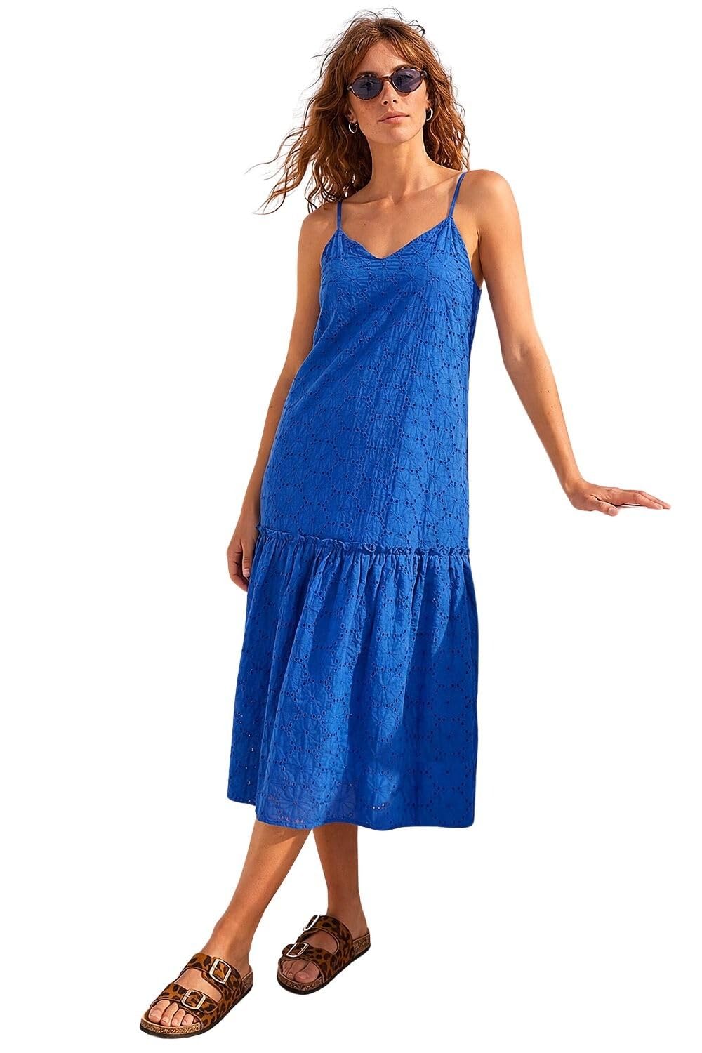Roman Originals Women's Navy Broderie Frill Tiered Midi Dress For Uk - Everyday Holiday Spring Summer V-Neckline Comfy Soft Evening Vacation Work Party - Size 20