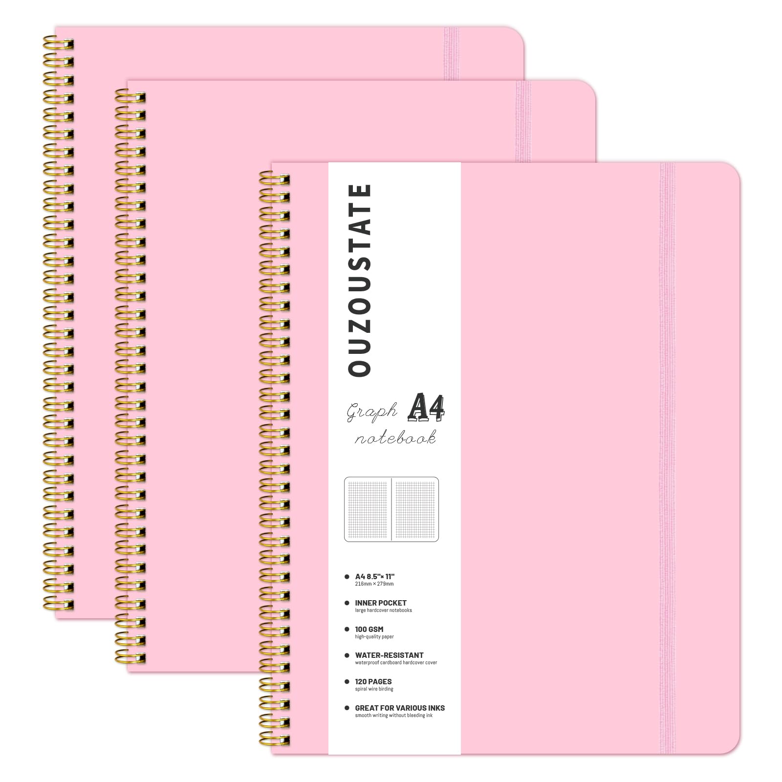 Ouzoustate Spiral Graph Notebook 8.5" x 11", A4 Pink Grid Paper Notebook Hardcover College Ruled Notebook for Work, 120 Pages 100GSM Large Thick