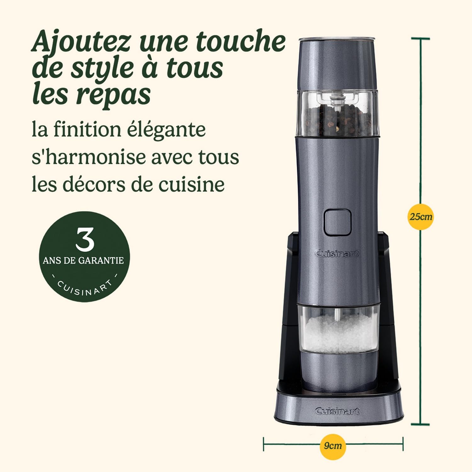 Cuisinart Moulin à sel et à poivre électrique - Moulin à assaisonnement rechargeable - Aucune pile requise, chargement en 20 minutes - Capuchon doseur - Réglages de mouture ajustables - Bleu
