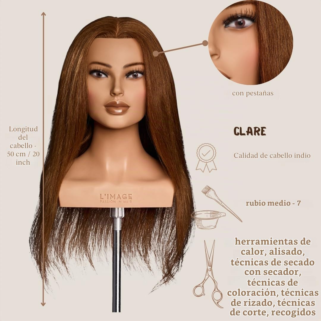 L'IMAGE Clare - Cabezal de peluquería con 50 cm de pelo real, con pestañas