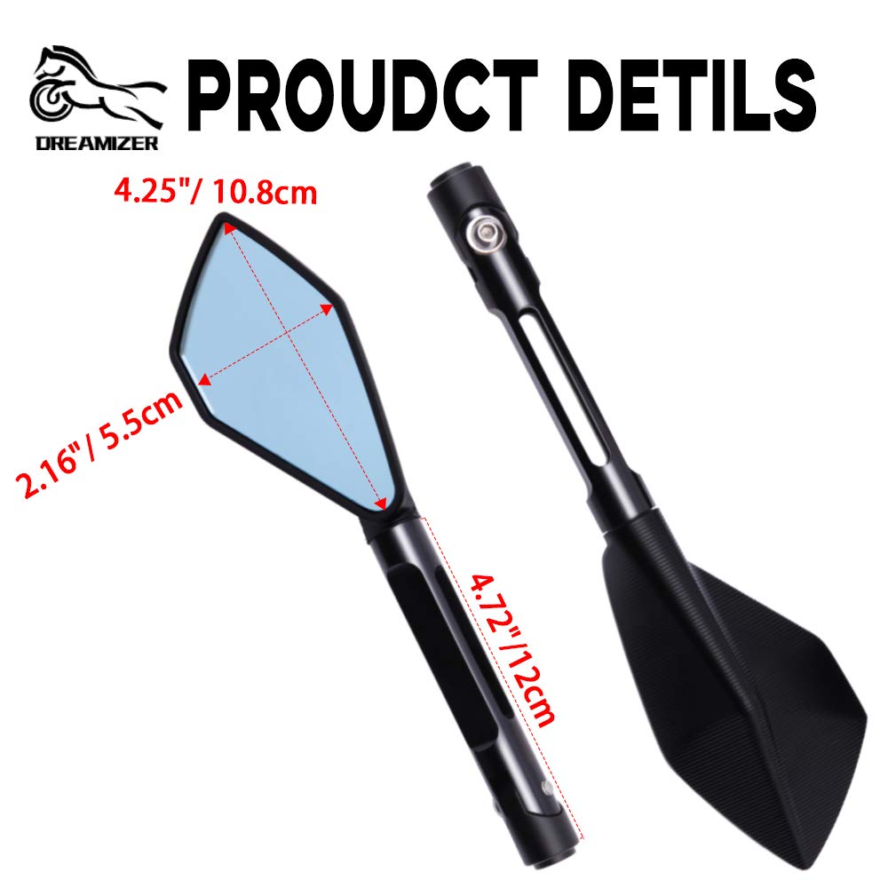 Rétroviseurs Moto Universels DREAMIZER - Aluminium - Réglables 360° - Verre Anti-Éblouissement Bleu - Pour 8mm/10mm - Noir