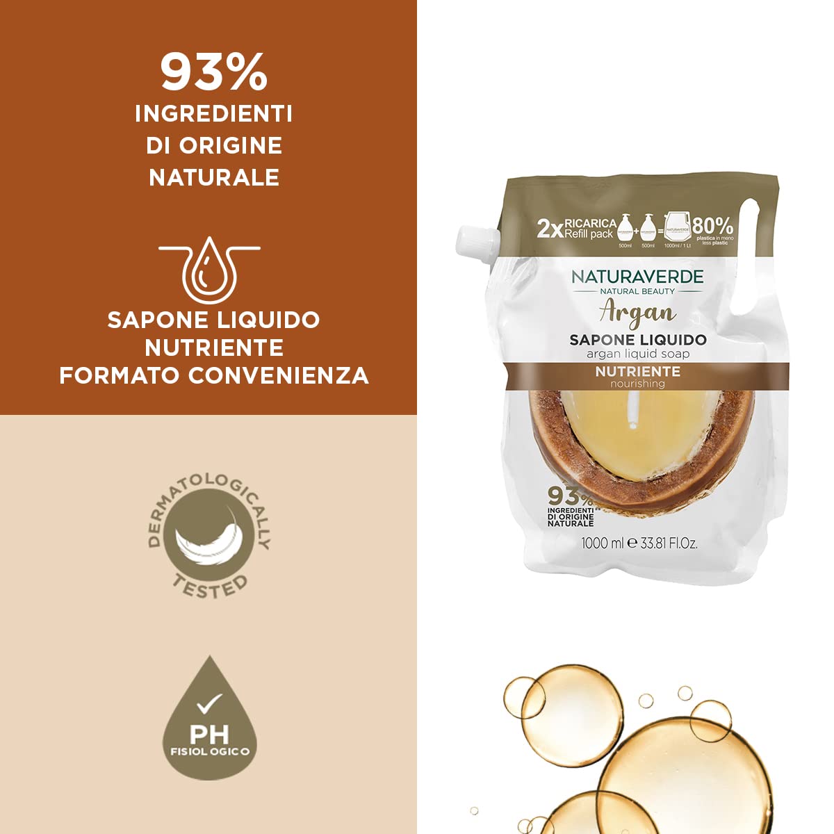 Naturaverde Natural Beauty argan mydło w płynie do napełniania mydła, mydło w płynie do rąk, mydło do rąk, mydło do twarzy, mydło do rąk, mydło do rąk, mydło w płynie do mycia rąk, odżywianie, 1000 ml