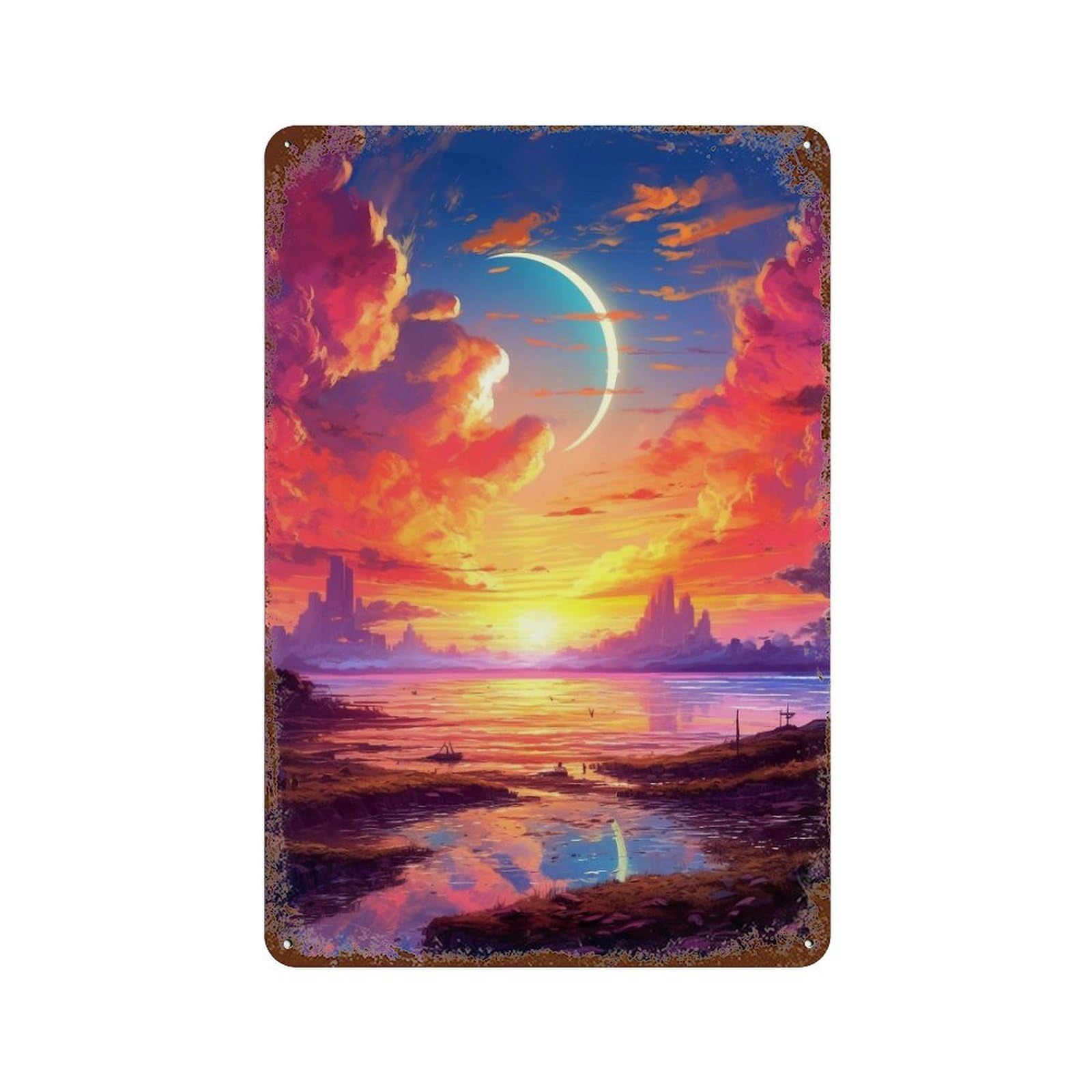 Fantasy Sunset Skyline Aged Metal Wall Plaque 11.8"x7.9", for Garage, Bar And Workshop Decor, Farmhouse Wall Decor