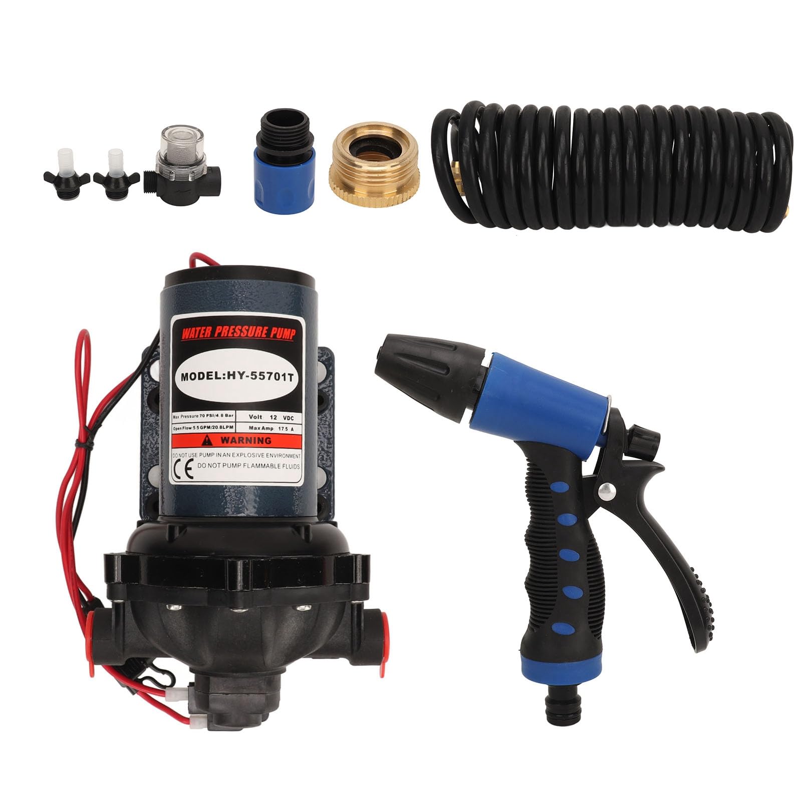 Kit pompa washdown 12V DC ad alta pressione dell'acqua 5,5 GPM per pulizia industriale pesante, stampa 70 PSI, design portatile, include tubo da 6 M