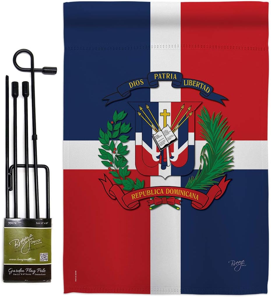 Dominican Republic Garden Flag Set with Stand Regional Nationality Nation International World Country Particular Area Small Decorative Gift Yard House Banner Made In USA 13 X 18.5