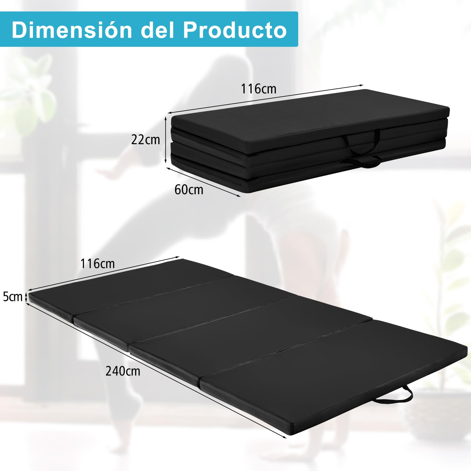 COSTWAY Colchoneta Gimnasia de 240 x 120 x 5 cm, Colchoneta de Ejercicio Plegable con Manija de Transporte,Impermeable, Cuero Artificial Desmontable, para Yoga Fitness Hogar