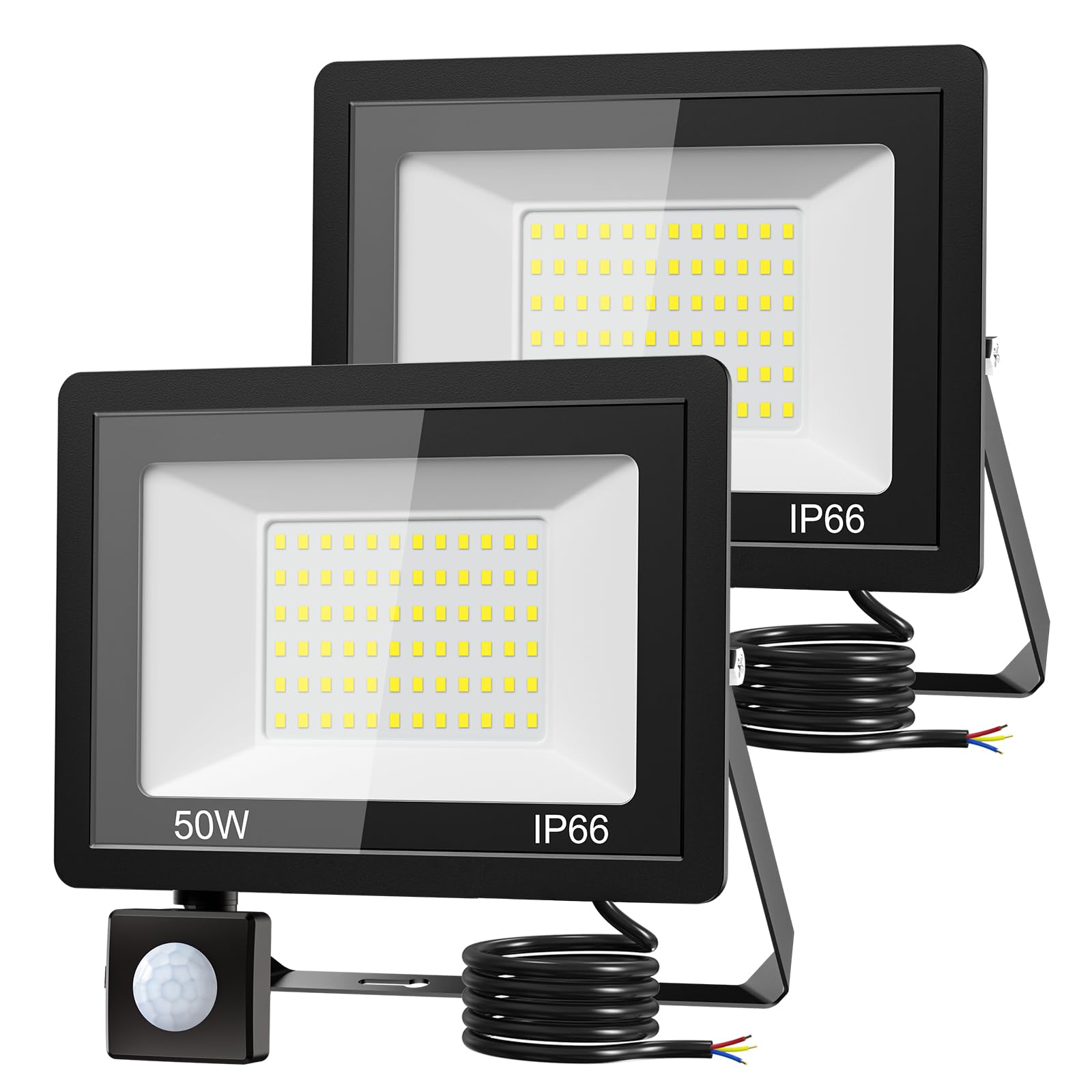 vighep 50W Security Lights Outdoor Motion Sensor, 5000LM LED Floodlight IP66 Waterproof, 6500K Cold White Outside Light Mains Powered for Garage, Garden, Backyard-2 Pack