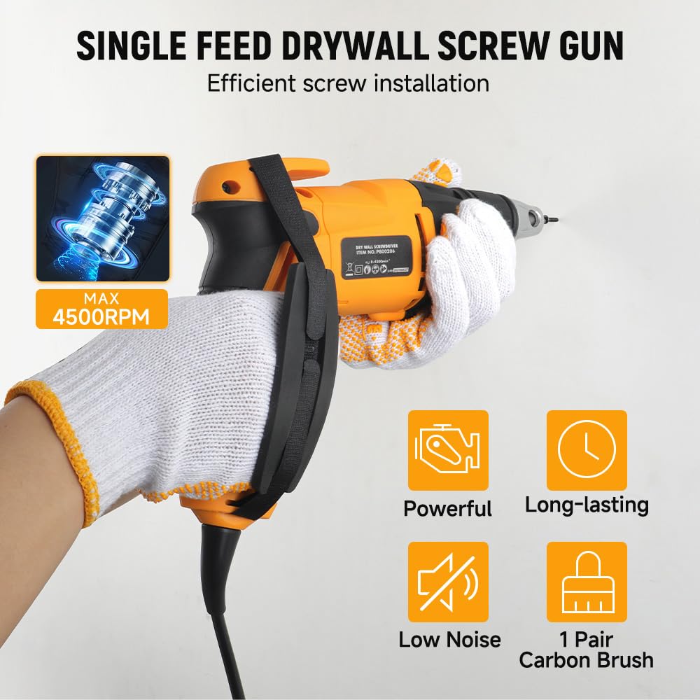 Hoteche Avvitatore Drywall da 520 W, 230 V, 50 Hz, potenza 520 W, 0 – 4500 giri/min, mandrino da 6 mm, coppia 8 NM, spina VDE – giallo/nero – accessori inclusi