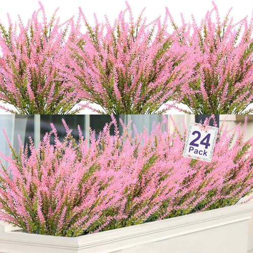 Ouddy Decor 24 Pcs Artificial Lavender Fake Flowers Outdoors, Pink