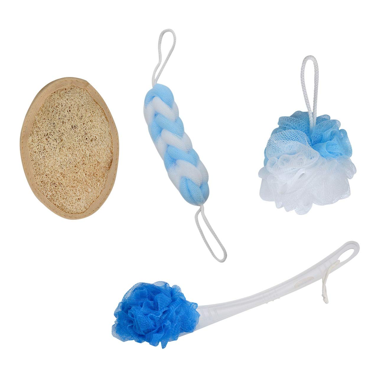 Runa Blue Wash Loofah for Bathing Men Women Loofah with Handle Bath Brush Pumice Stone Foot Scrubber Back Belt Long Scrubber Sponge (Combo of 4) Colour (Blue)