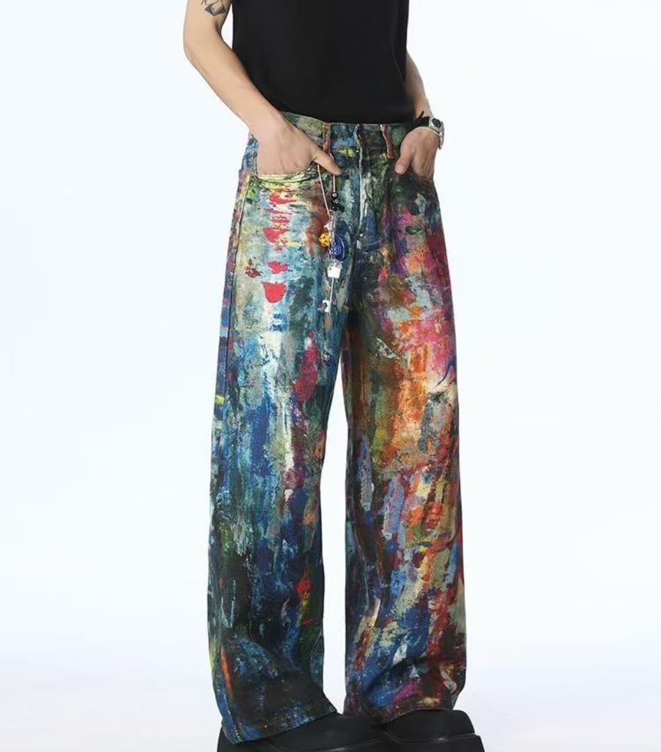 Unisex Y2k Vintage Hiphop Grunge Color Ink Oil Painting Graffiti Jeans image 4