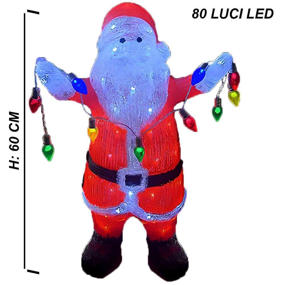 Babbo Natale rosso H 60 luminoso Illuminato con 80 luci led per Interno Esterno Decorazione Natalizia casa giardino eventi