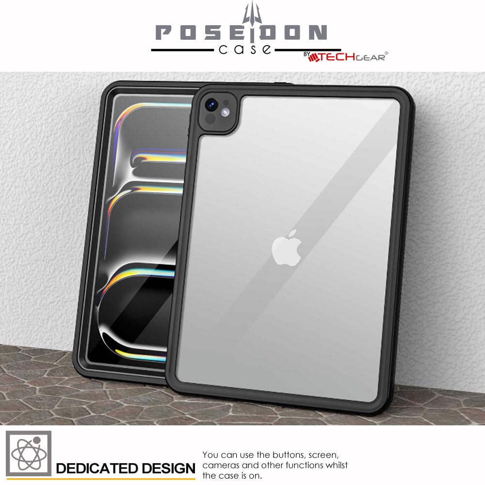 TECHGEAR Custodia impermeabile per iPad Pro 13" 2024 (M4) [Poseidon Case] Custodia sottile e robusta antiurto impermeabile con protezione schermo integrata + supporto e cinturino