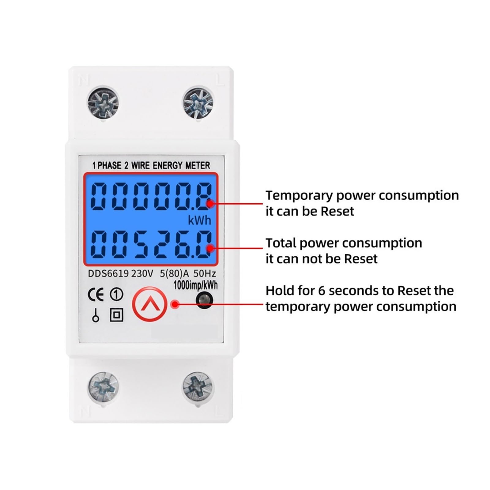 Contatore Di Energia Monofase Su Guida Din LCD Retroilluminazione Digitale KWh Misuratore Di Consumo Di Energia Elettrica 120V/230V Reset A Zero(DDS6619-006)