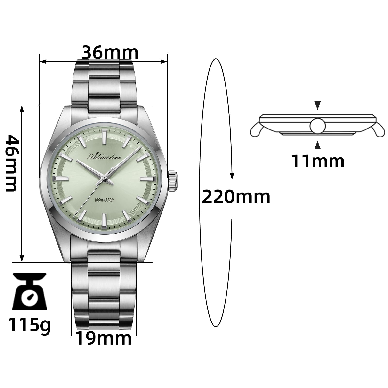ADDIESDIVE 36mm Reloj analógico Hombre Resistente al Agua 100m Luminoso Relojes de Cuarzo para Hombre con Pulsera de Acero Inoxidable