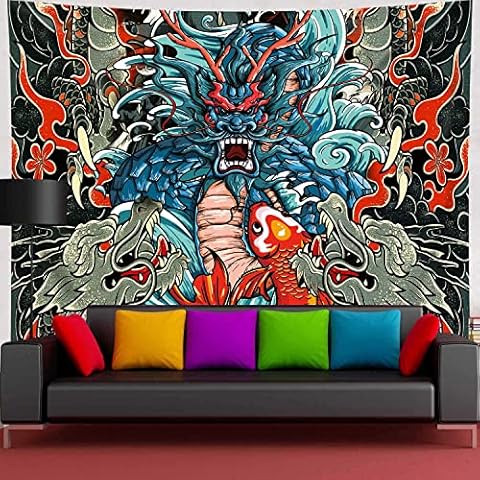 Simsant Asian Fantasy Dragon Tapestry, 80X60in Koi Fish Tapestry Vintage Oriental Chinese Mythology Elements Wall Hanging Art College Dorm Poster Home Living Room Bedroom Decor GTZYSI76 Cover