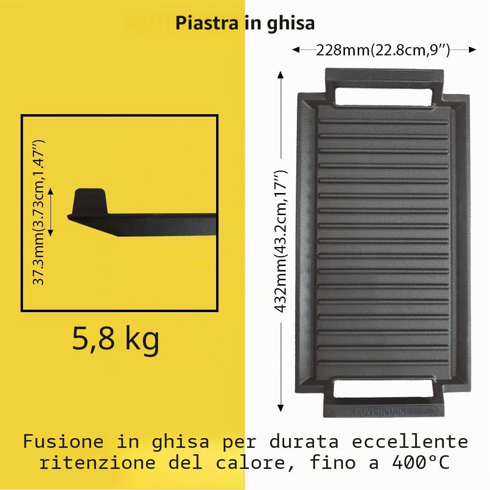Padella per grigliare in ghisa, piastra rettangolare per grigliare, 43 x 23 cm Padella per grigliare per piano cottura a induzione, forno elettrico, griglie all'aperto, superficie rigata