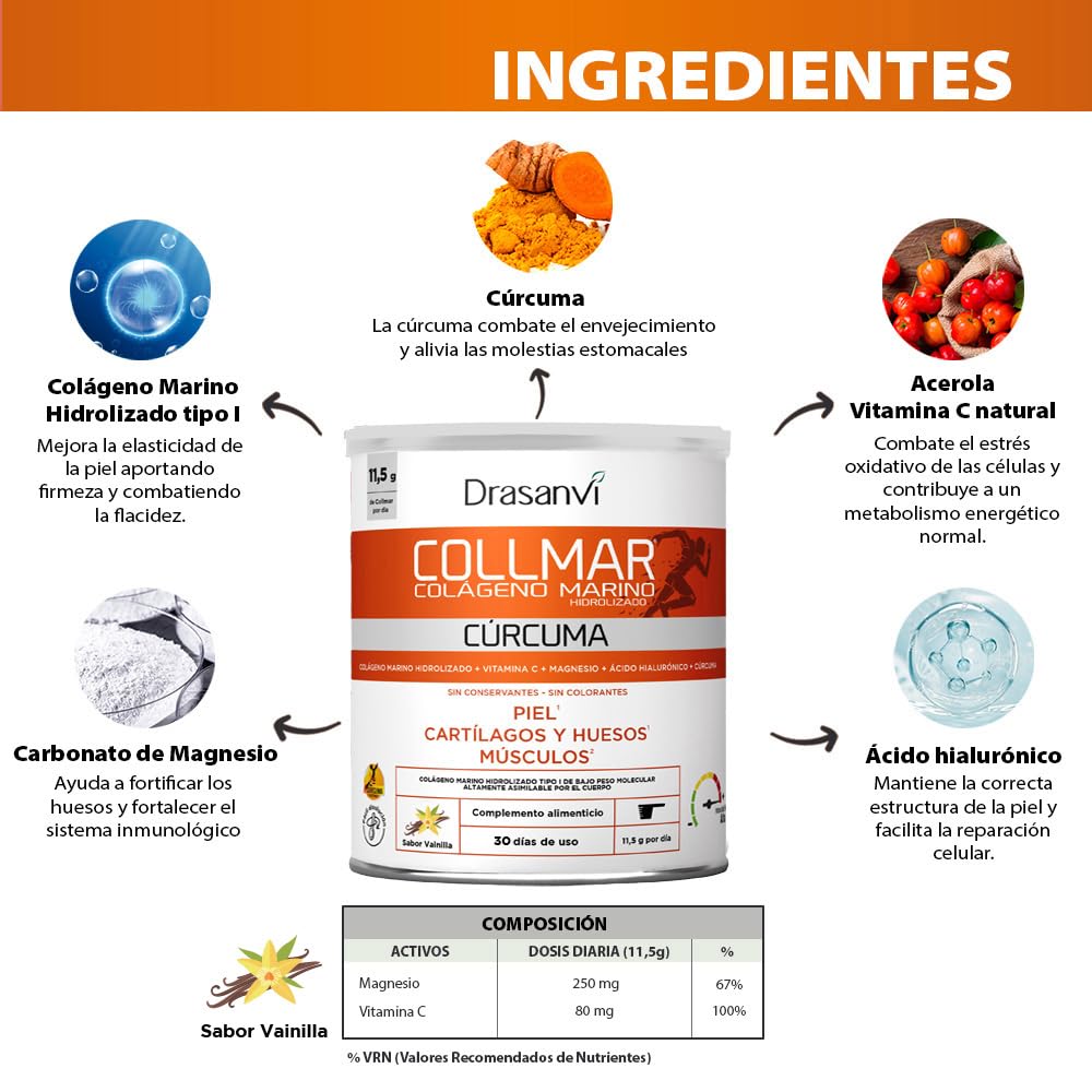 Colageno Drasanvi Collmar Hidrolizado Marino Con Acido Hialuronico Magnesio | Bienestar Articular Y Muscular, Con Curcuma Y Vitamina C - Colageno Marino Hidrolizado En Polvo Sabor Vainilla, Pack 2x340 G