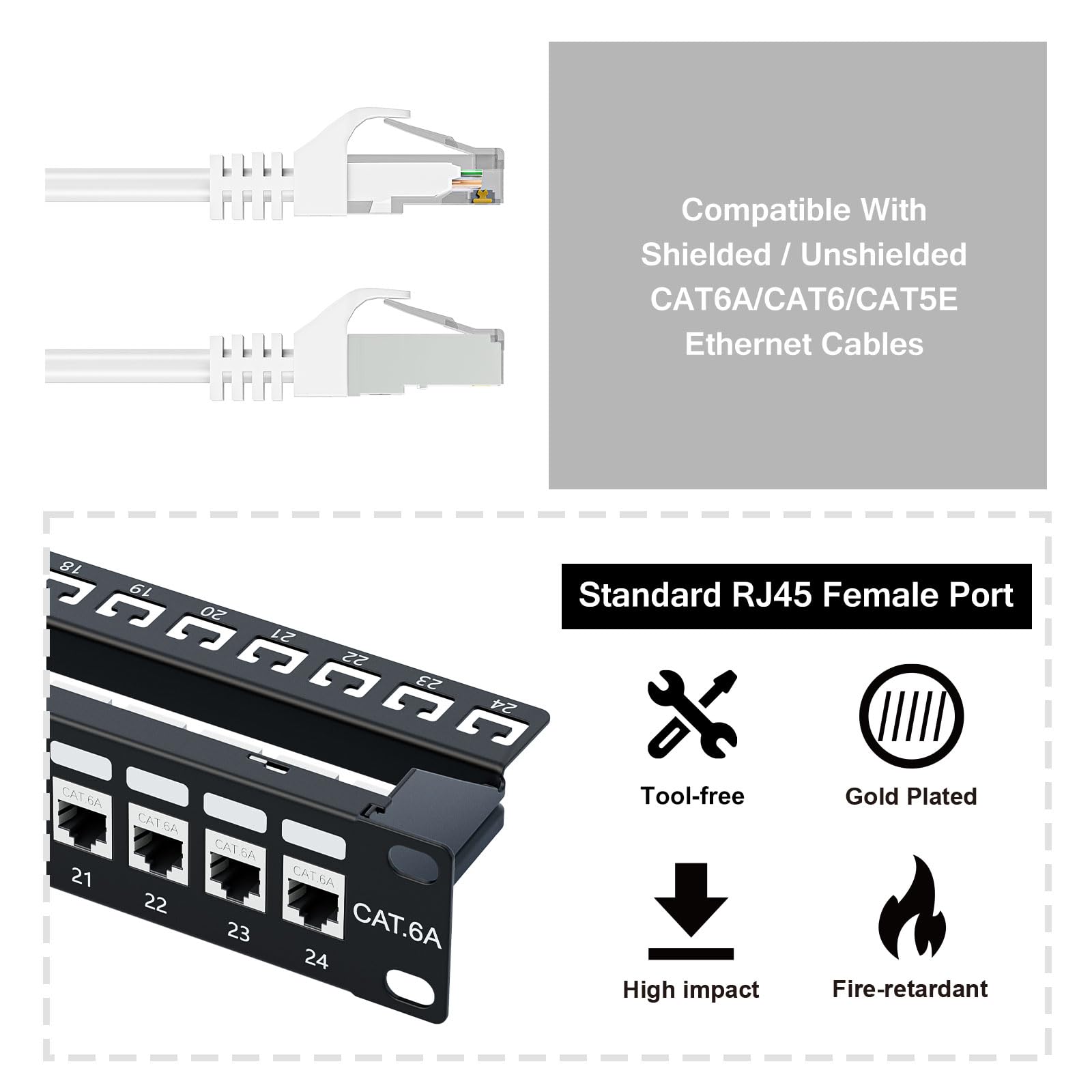 iwillink Patch Panel da 10 Gbps a 24 porte, RJ45 schermato tramite pannello patch Cat6A, pannelli patch 1U STP da 19 pollici con trapezoidale in linea e barra posteriore rimovibile