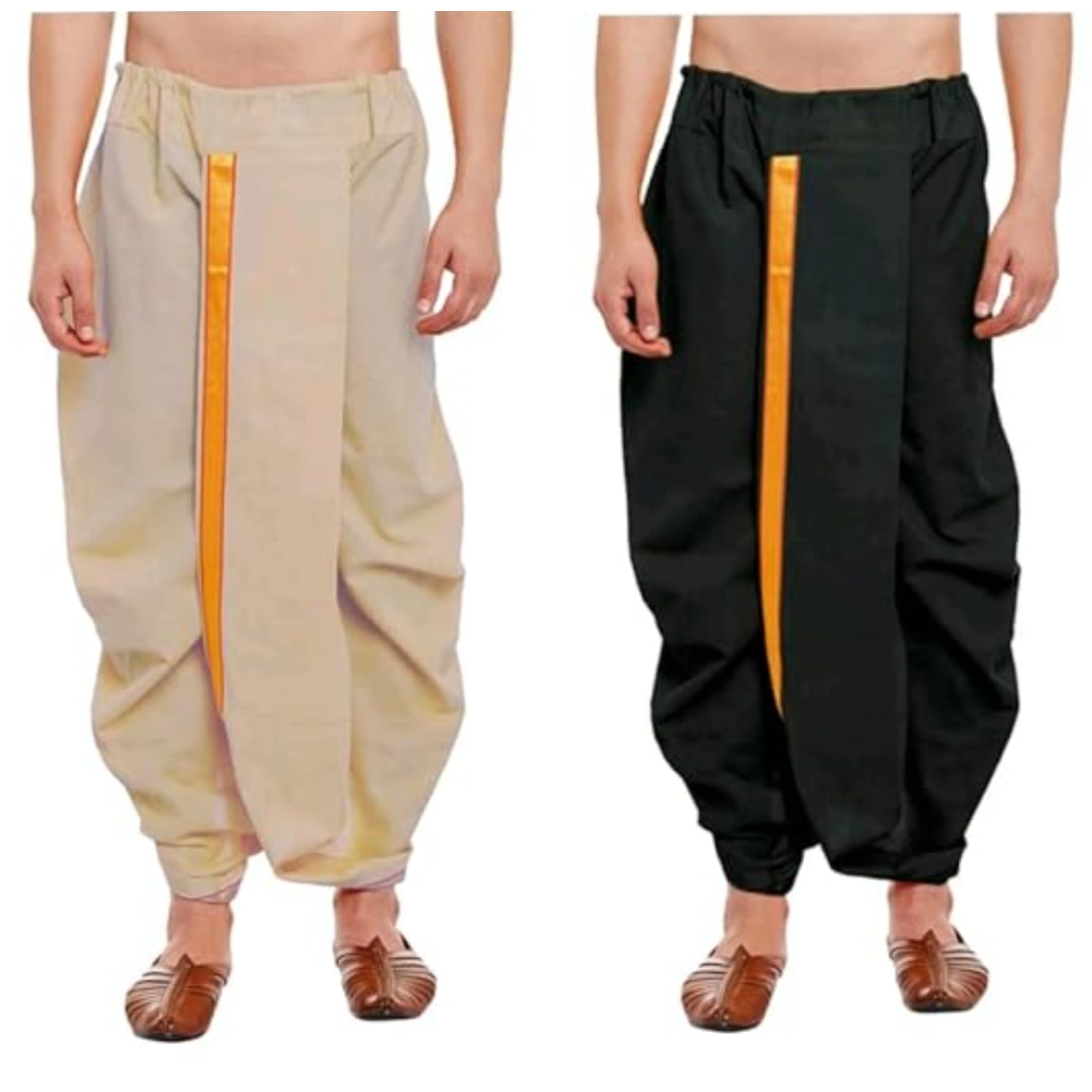 Men's Cotton Silk Blend Maharaj Dhoti with Elastic Waistband Ready to Wear Pull On Closure Traditional Type Pack Of 2