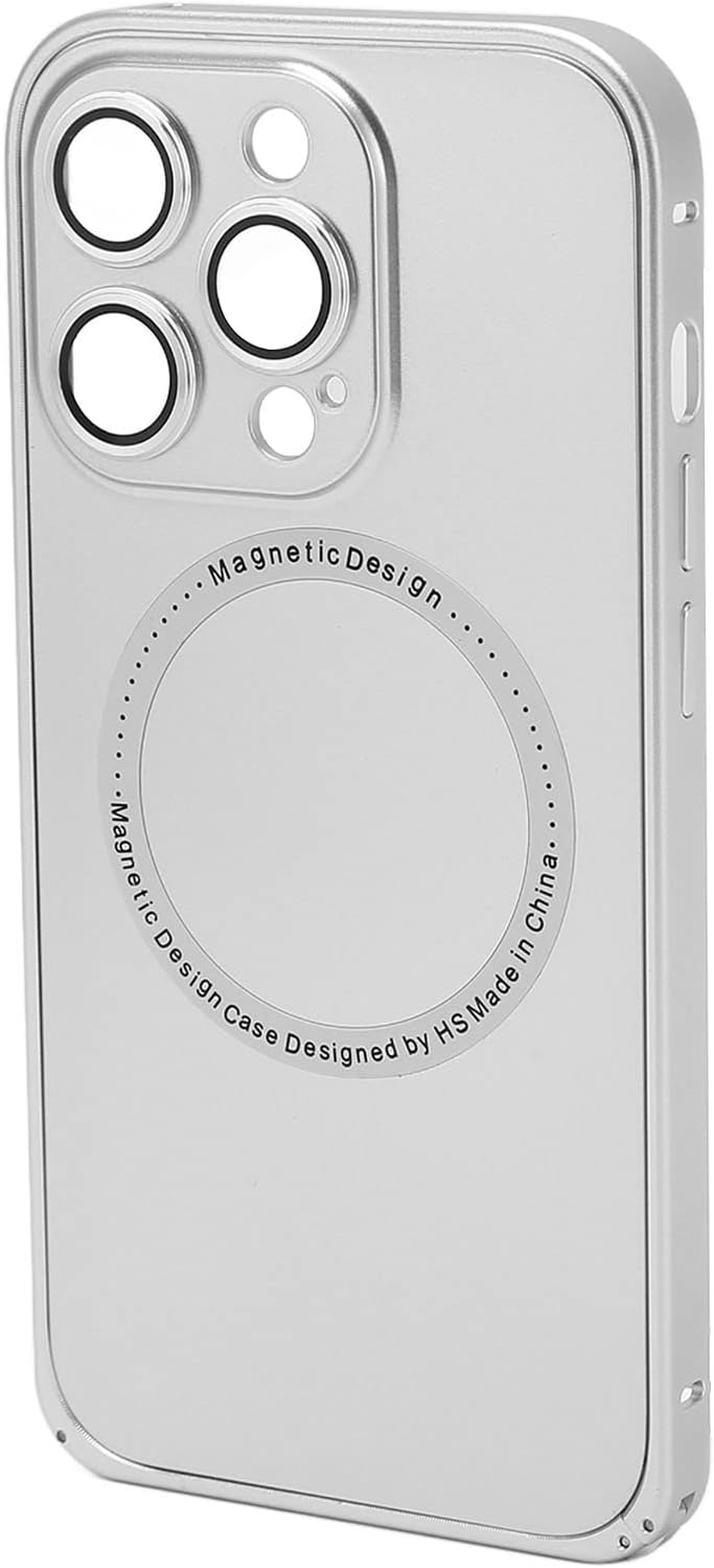 Magnetic Phone Case, Aluminum Alloy Frame PC Backboard Shockproof, Wireless Charging Compatible Case with Lens Protector for Smartphones (Silver)