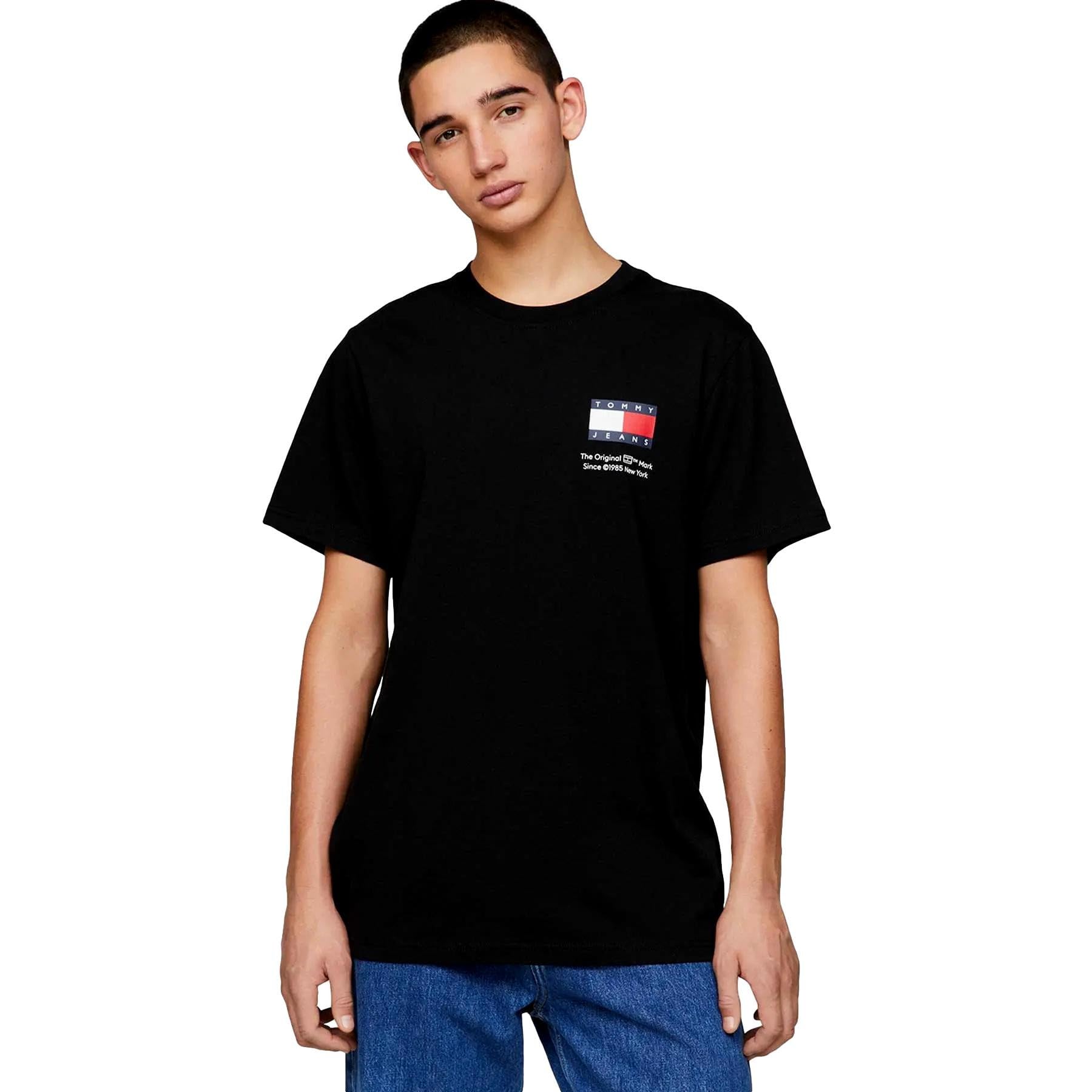 Tommy Jeans Men's Black Short-Sleeve T-Shirt Essential Flag Tee Slim Fit, (Black), Xxl