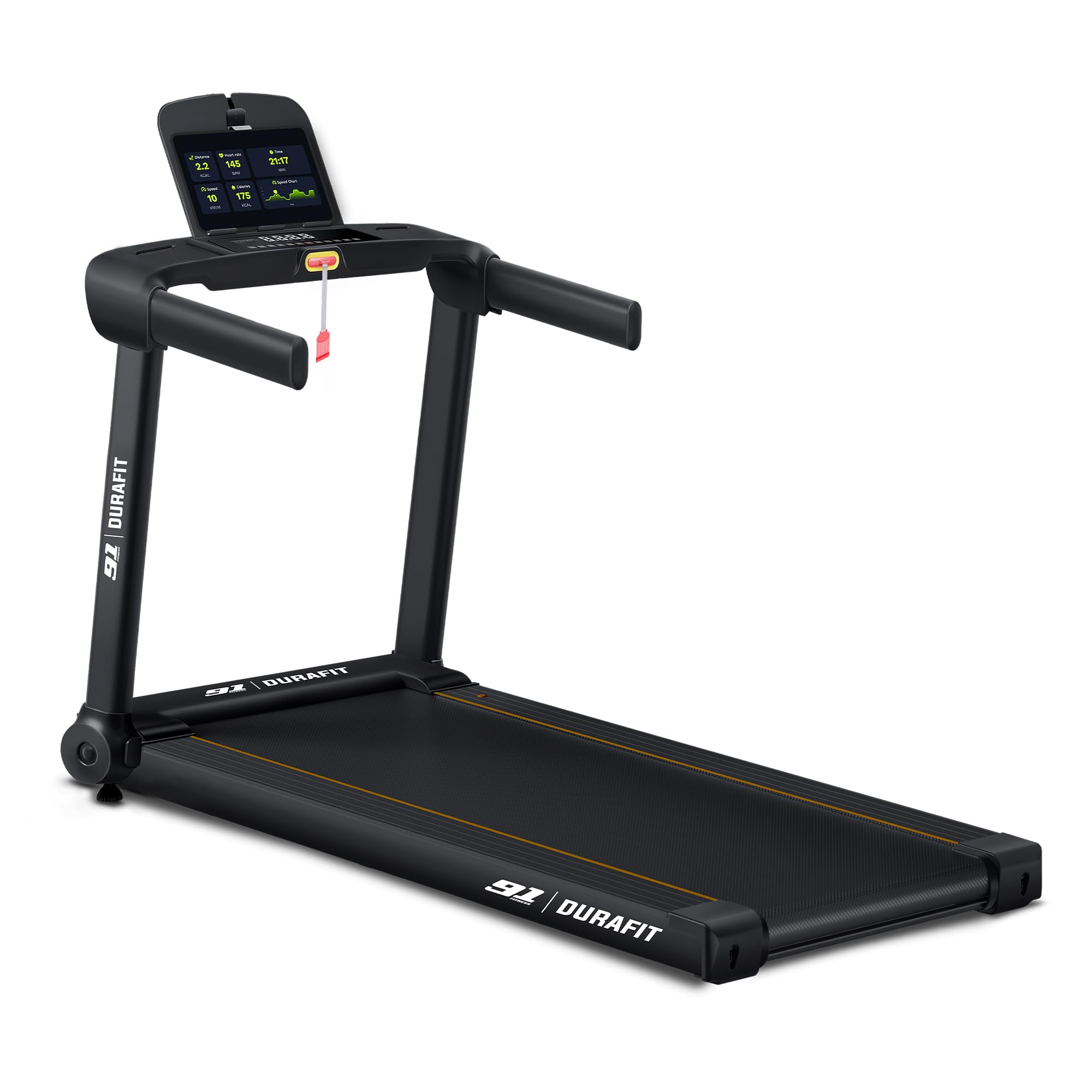 91-Durafit Racer 5 HP Peak BLDC Motorized Treadmill | 140 Kg User Weight| 16 Km/Hr Max Speed| Hydraulic Foldable| Bluetooth Speaker | Wynd app | Home use