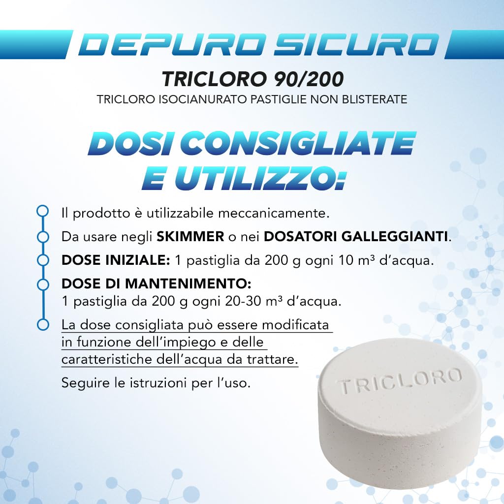 Naturii kg 10 Cloro Lento, tricloro 90/200 compresse Pastiglioni da 200 gr, cloro attivo 90%