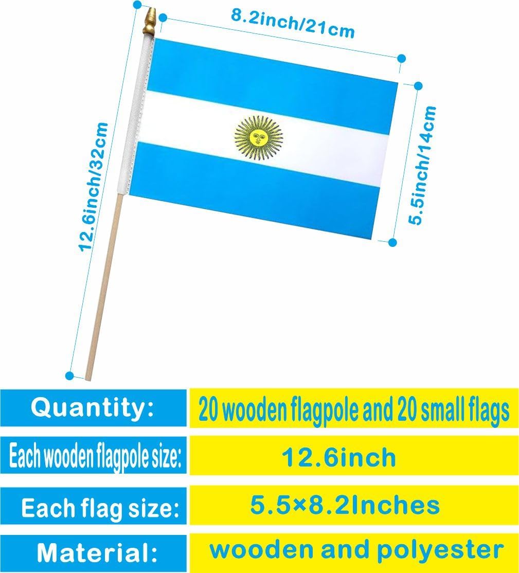 20 Pack Argentina Flags Argentine Stick Flag Small Mini Handheld Flags with 12.6inch Wooden Poles for National Day,World Cup,Sports Events, Party Decorations (5×8 Inches) - Image 2