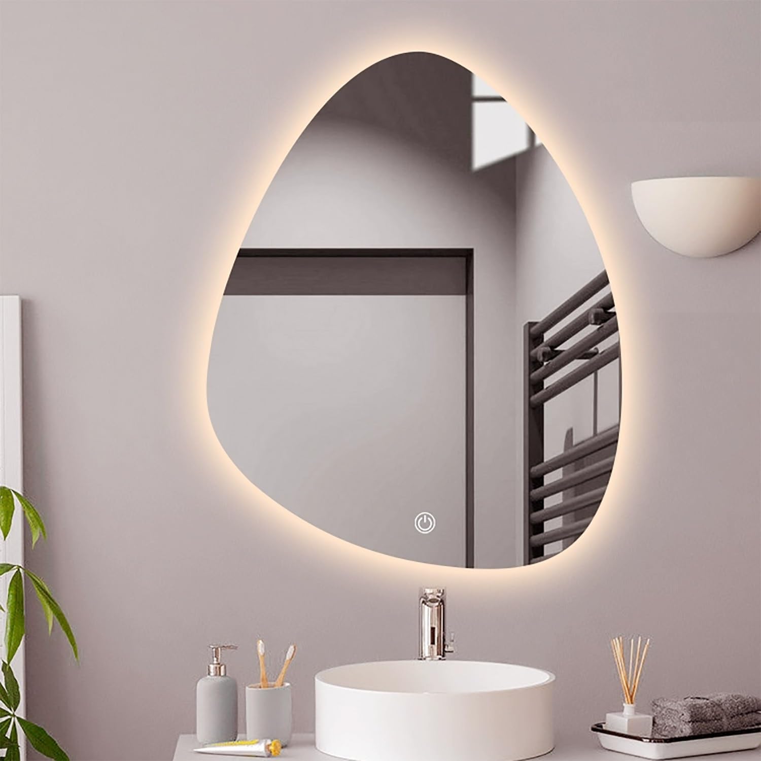 BKSXSOP Modern Irregular Wall Mirror with 3 Adjustable Color Lights, Asymmetrical Triangle Makeup Anti-Fog for Bathroom, Touch Control (50x70cm)