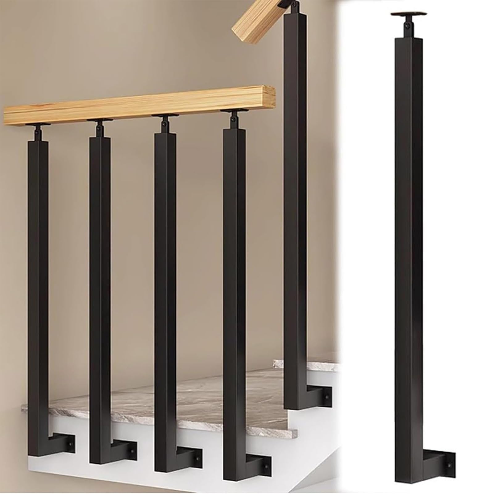 Stairs Handrail Kit, Side Mount Square Stair Railing, Hand Rail with 270°Adjustable Bracket, Wrought Iron Railing Balusters Post, for Stair Deck Porch Stairs Railing