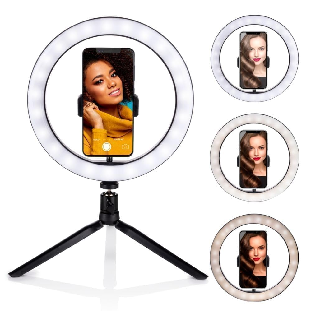 Grundig Lampa pierścieniowa na statywie – pierścień do selfie – średnica 25 cm – 3 kolory światła – 11 poziomów jasności – elastyczna szyjka – obsługa za pomocą kabla – ładowanie przez USB – uchwyt na