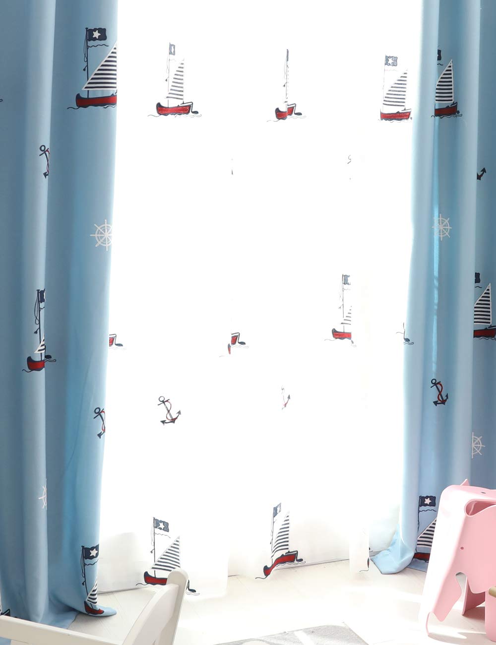 Lactraum Tenda per cameretta dei bambini, motivo barca a vela, ricamata, in voile, con nastro universale, altezza 245 x larghezza 300 cm