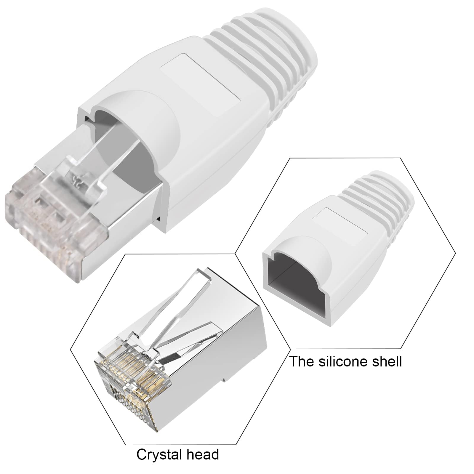 20 ekranowanych złączy RJ45, złącza zaciskane CAT5e CAT5 CAT6 CAT6e, złącza kablowe LAN UTP STP 50U ze złoconymi osłonami silikonowymi (biały)