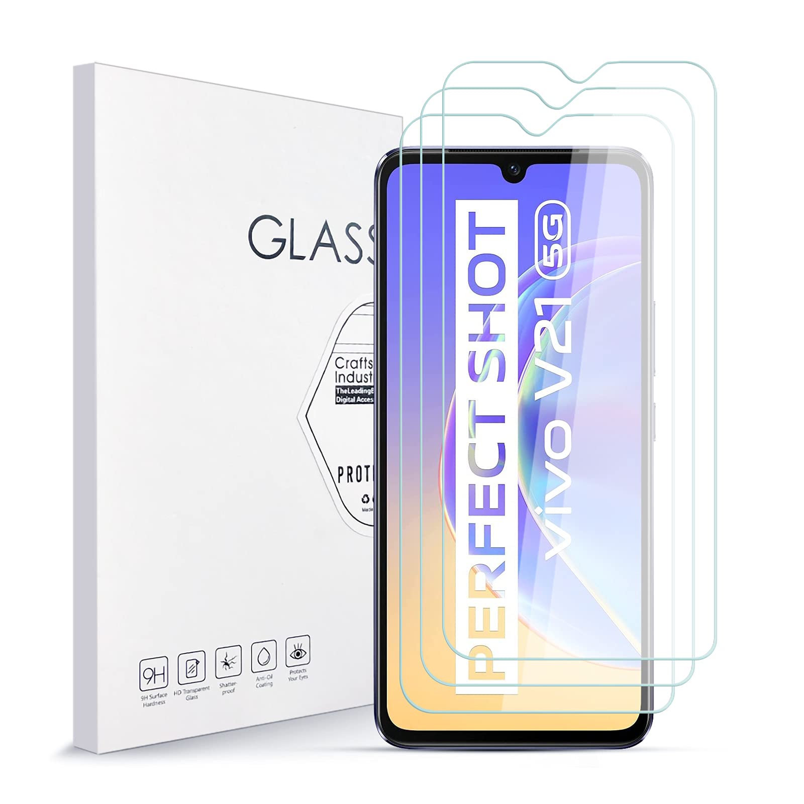 TingYR 2 Pellicole In Vetro Temperato Per Vivo V21 - Durezza 9H, Anti Graffio, Senza Bolle, HD, Protezione Schermo - 3