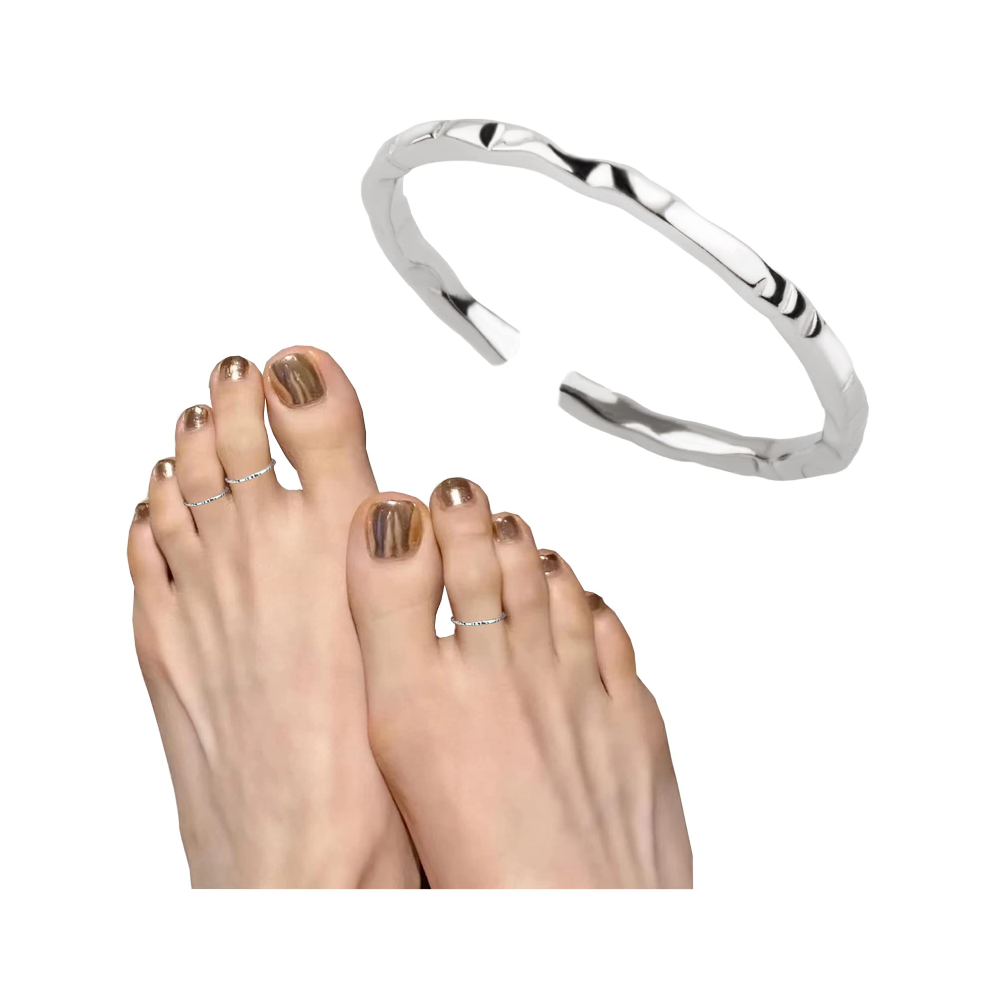 Kakikaki 925 Sterling Silver Hammered Textured Thin Small Adjustable Open Toe Ring