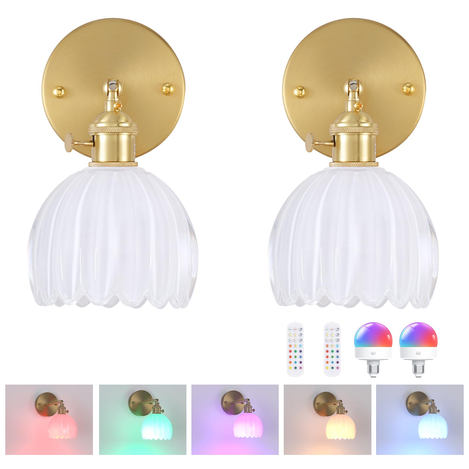 Set of 2 Battery Operated Wall Sconce, Rechargeable Wall Lamp with Remote Control & 12 RGB Colors - 3 Adjustable Color Temperatures, Dimmable Wireless Wall Lights for Bedroom Bathroom (White Tulip)