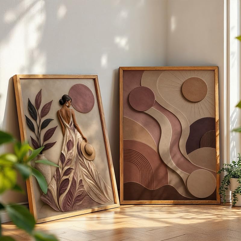 NoWorries Boho Wall Painting Set of 2 with Frame | Abstract Woman Portrait & Geometric Textured Art, Beige Brown Terracotta Modern Wall Decor for Living Room, Bedroom, Office and Home Decoration (Art-2, 13x19inch)-image-25