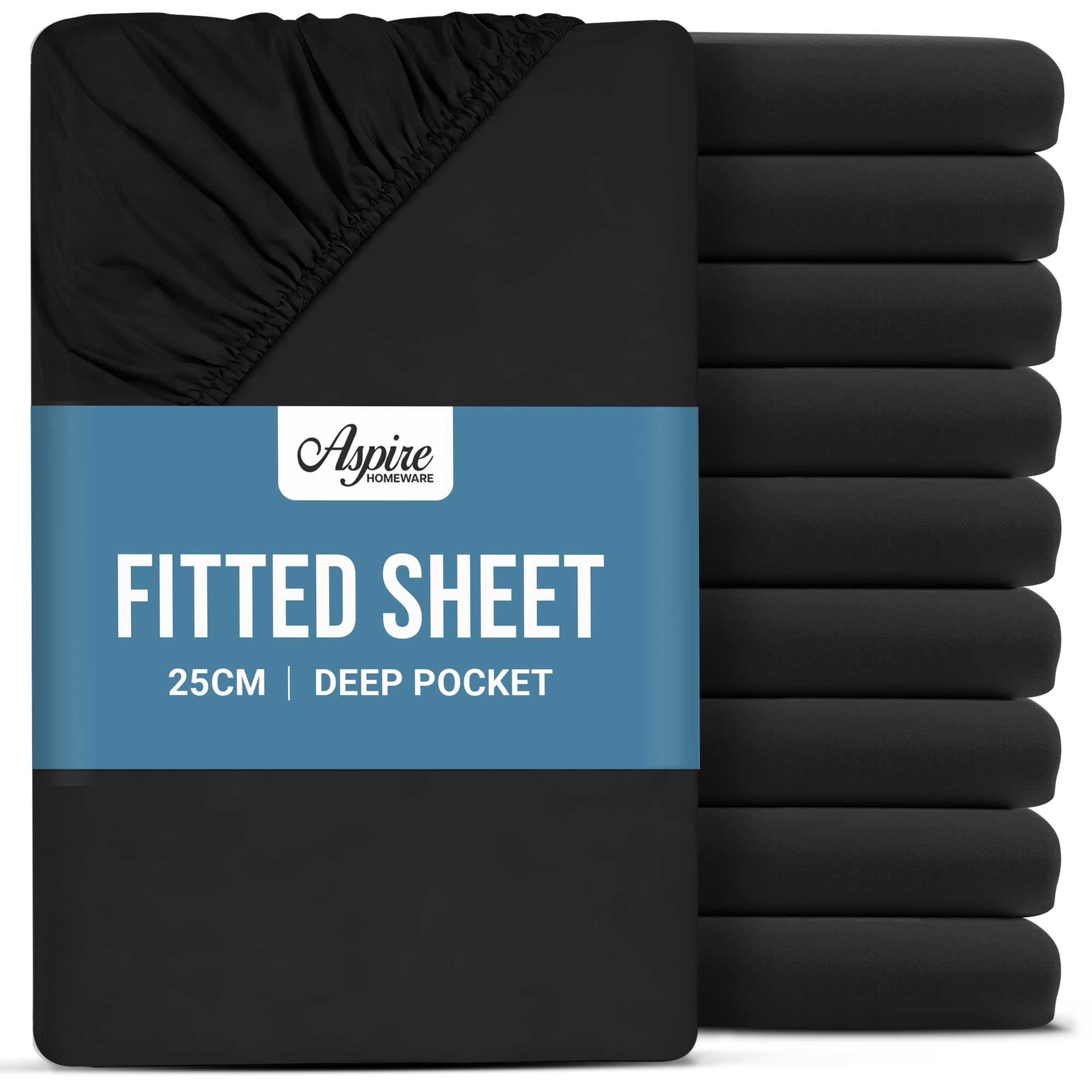 Aspire Homeware King Size Fitted Sheets 10 Pack - 25 cm Deep Hotel Quality (Black) Bed Sheets - Soft & Breathable Fitted Sheets King Size - Anti-Wrinkle Easy Care Bedsheets