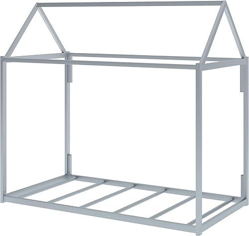 Miniatura 124 de Cama de casa de tamaño individual con diseño de valla y techo, marco de cama de metal, marco de cama de piso doble, base de cama Montessori de Color