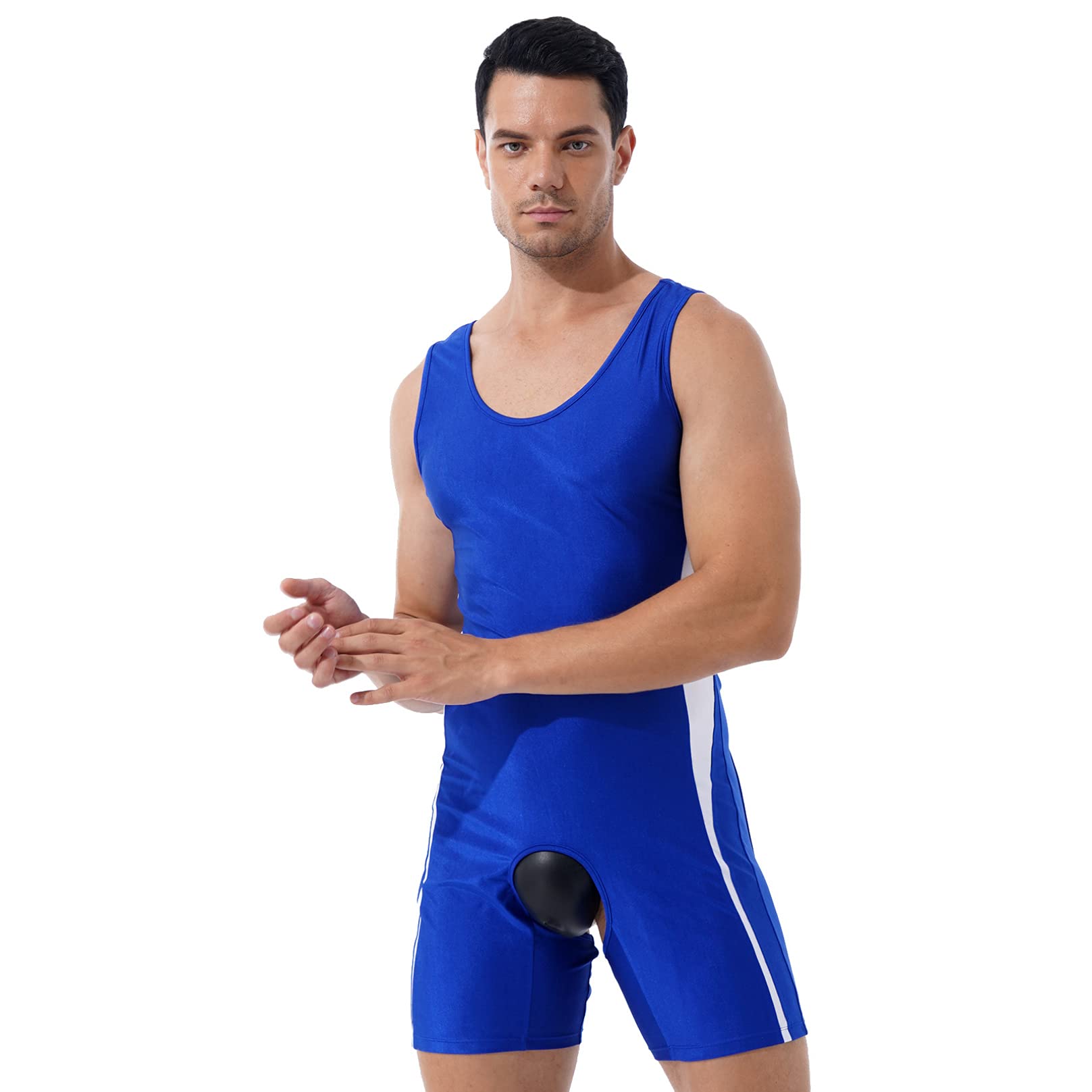 Agoky Men One Piece Wrestling Singlet Workout Sports Athletic Leotard Open Butt Boxer Shorts Jumpsuits Blue L