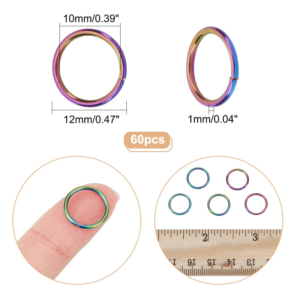CHGCRAFT 60Pcs Rainbow Open Jump Rings - 304 Stainless Steel Plating for Necklace Bracelet Earrings Making, 18 Gauge 12mm