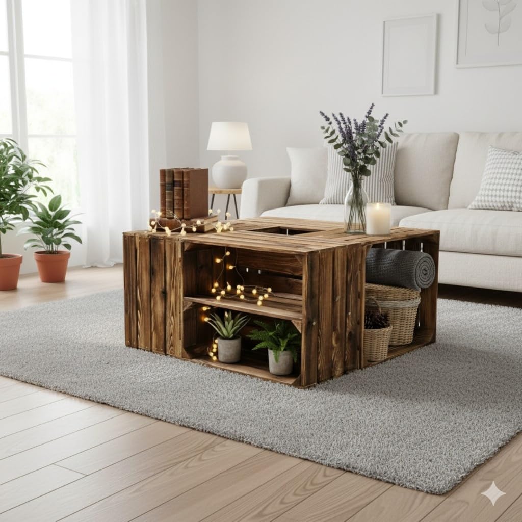 Teramico 4er Set Holzkisten in verschiedenen Variationen- Ideal als Couchtisch, zur Aufbewahrung oder einfach tolle Dekoration (Neu Geflammt 2 x Boden Längs)