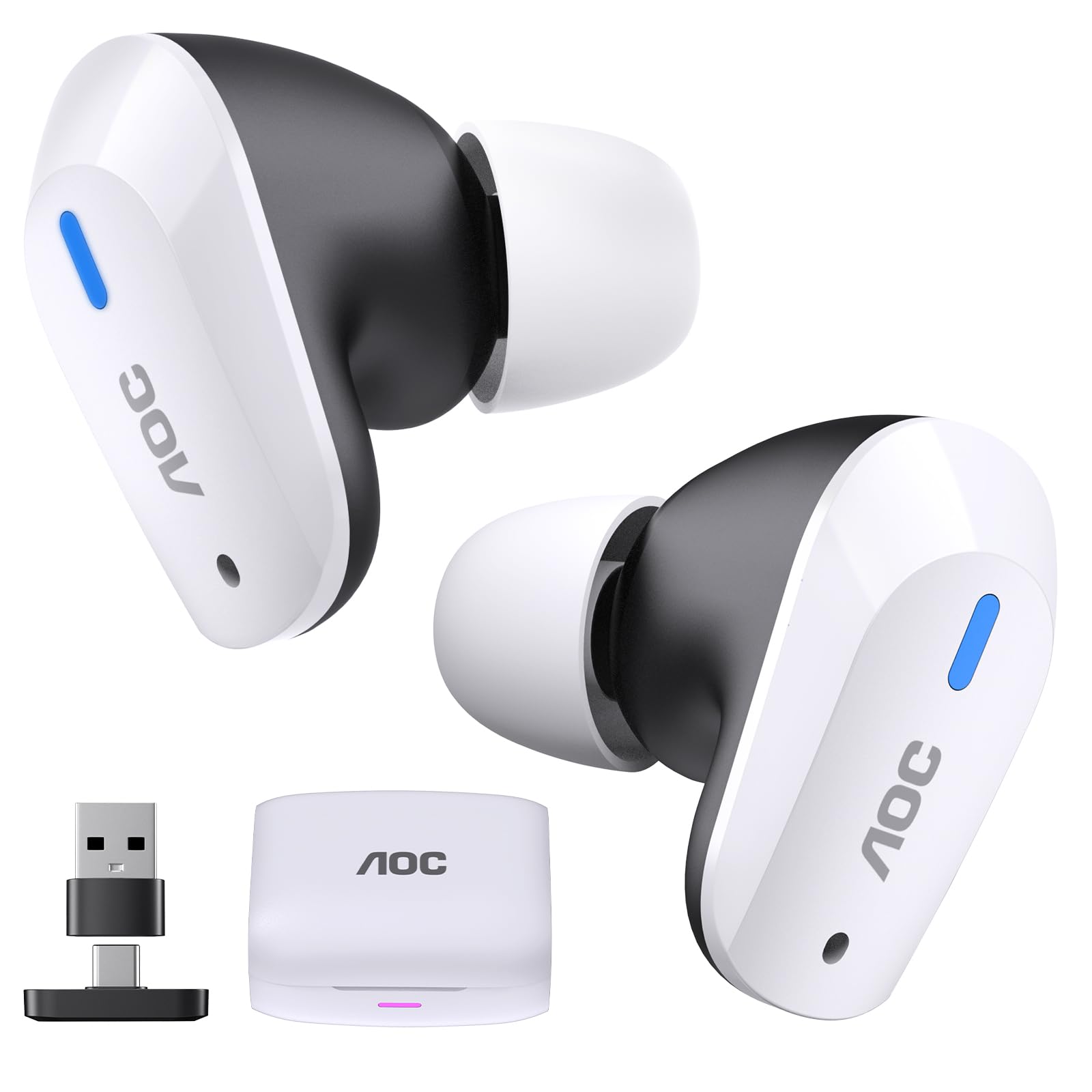 AOC ACT3512 ゲーミングイヤホン ワイヤレス Bluetoothと2.4G 2台同時無線接続/AIチューニング 4マイク搭載/20ms未満の超低遅延/臨場感あふれる3Dサウンド ＆通話/LEDバッテリー ディスプレイ/急速充電/IPX4防水 Meta Quest 3/2, PS5/4, VR, Switch, PC, Phone対応