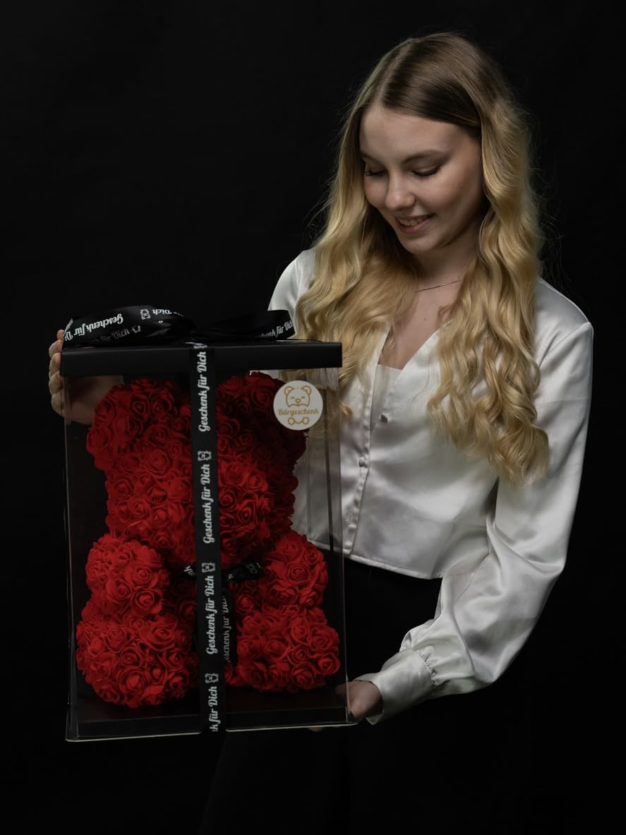 Bärgeschenk Big Classic jasnoczerwony miś 40 cm z wiecznych róż w pudełku prezentowym