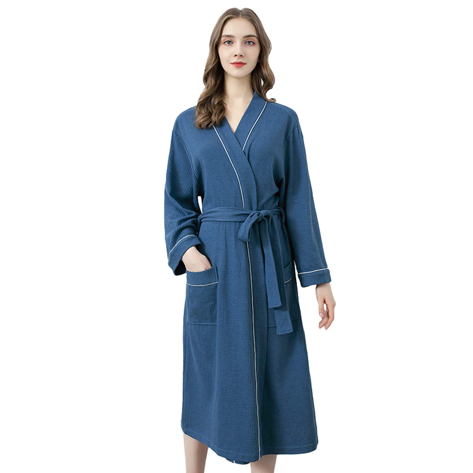 Albornoz de algodón de punto, kimono largo, con bolsillos para hombres y mujeres, spa y piscina de hotel