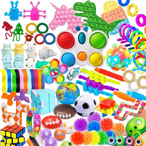 100 Pcs fidget toys for Kids Pack Stress Relief Anxiety fidgets Party Favors Classroom Prizes Treasure Chest & Pinata Fillers Cool Sensory pop it fidget box for Boys & Girls