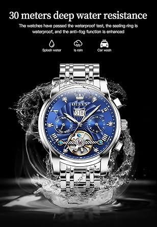 Olevs メンズ腕時計 アナログ クロノグラフ 防水 多機能 ダイヤモンド スポーツ シリコン ストラップ ムーンフェイズ クォーツ ナイトライト メンズウォッチ, シルバー&ブルー。, ストラップ